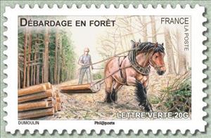 Stamp, Horse (Equus ferus caballus) working in the Forest, France,  , Mammals, Horses, Animals (Fauna)
