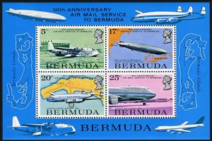 Souvenir Sheet, Souvenir Sheet of 4, Airmail service to Bermuda, 50th anniv., Bermuda,  , Airports, Zeppelins, Aviation, Aircrafts