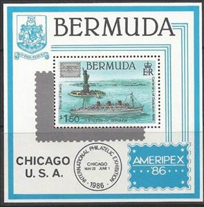 Souvenir Sheet, Statute of Liberty, S.S. Queen of Bermuda, Bermuda,  , Stamps, Philatelic Exhibitions