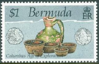 Stamp, Artifacts: 8-real coin, jug and measuring cup, Bermuda,  