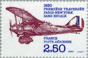 Stamp, 1930: Fiftieth anniversary of the crossing Paris-New York no, France,  , Commemoration, Aircrafts