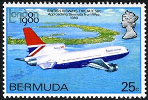 Stamp, Tristar-500, London 1980 Emblem, Bermuda,  , Philatelic Exhibitions, Aviation, Aircrafts