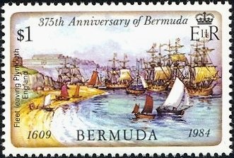 Stamp, Fleet leaving Plymouth, England, Bermuda,  , Ships, Colonisation, Sailing Ships