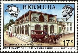 Stamp, UPU Emblem and St. George's Post Office, c. 1860, Bermuda,  , Postal Unions