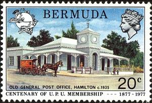 Stamp, UPU Emblem and Old General Post Office, Hamilton c. 1935, Bermuda,  