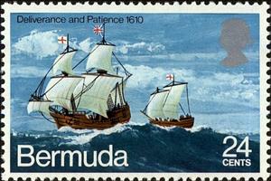 Stamp, "Deliverance" and "Patience" under sail, 1610, Bermuda,  , Ships, Shipwrecks