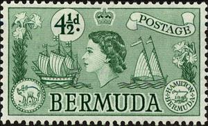 Stamp, "Sea Venture", coastal sailing boat, hog coin & Perot stamp, Bermuda,  , Heads of State, Ships, Stamps, Coins, Numismatics, Queens, Sailing Ships