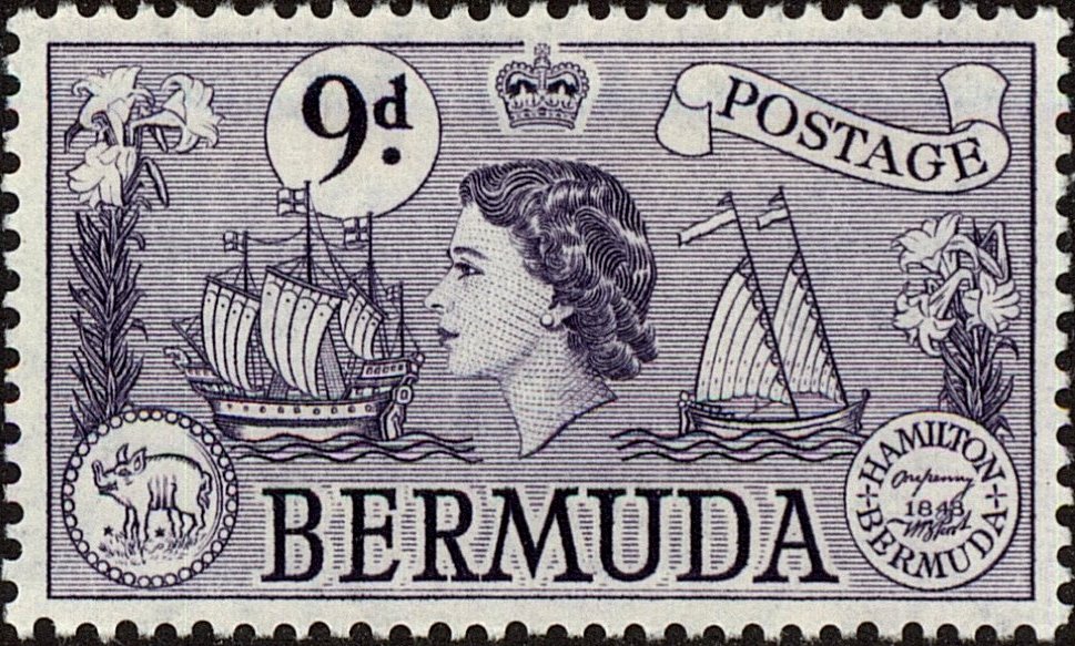 "Sea Venture", coastal sailing boat, hog coin & Perot stamp