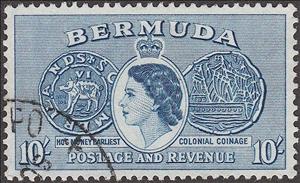 Stamp, Earliest hogcoin front- & backside, Bermuda,  , Heads of State, Coins, Numismatics, Queens
