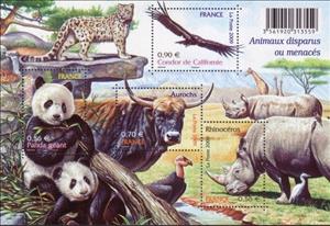 Souvenir Sheet, Endangered and Extinct Species - MiNo. 4706-08, France,  , Birds, Mammals, Birds of Prey, Rhinoceroses, Animals (Fauna), Giant Pandas