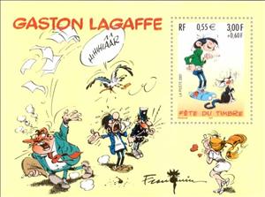Souvenir Sheet, Gaston Lagaffe, France,  , Mammals, Cats, Cartoons, Comics, Stamp Day, Animals (Fauna)