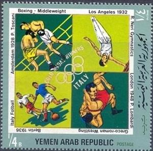 Stamp, P.Toscani, R.Neri, P.Lombardi, Italy Football, Yemen, Arab Republic,  , Olympic Games, Boxing, Gymnastics, Wrestling, Football (Soccer)