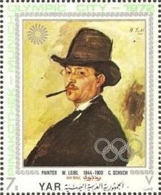 Stamp, W. Leibl: C. Schuch, Yemen, Arab Republic,  , Paintings, Olympic Games, Art