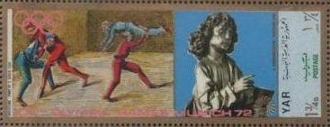 Stamp, Wrestling, Sculpture by T.Riemenschneider, Yemen, Arab Republic,  , Olympic Games