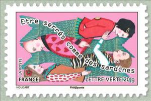 Stamp, Being packed like sardines, France,  