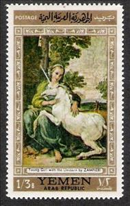 Stamp, Young girl with the unicorn by Zampieri, Yemen, Arab Republic,  , Paintings, Art