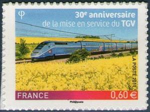 Stamp, TGV between oilseed rape fields, France,  , Railways
