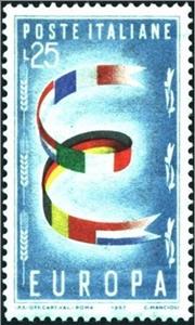 Stamp, Letter E with flags, wmk. stars II 65°D, Italy,  