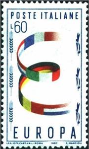 Stamp, Letter E with flags, wmk. stars II 65° D, Italy,  