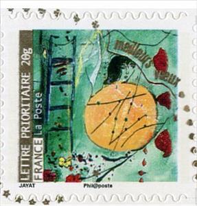 Stamp, Visage féminin, échelle, pétales, France,  
