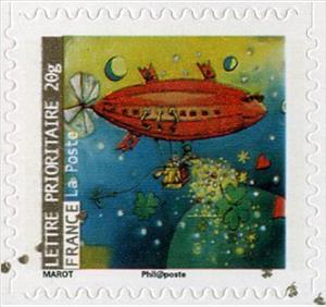 Stamp, Personnage en dirigeable lachant des étoiles, France,  