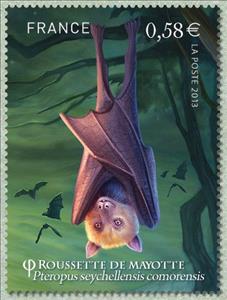 Stamp, Seychelles Flying Fox (Pteropus seychellensis comorensis), France,  , Mammals