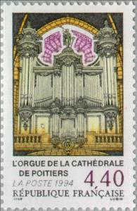 Stamp, the organ in the cathedral of Poitiers, France,  , Music, Musical Instruments, Churches - Cathedrals - Basilicas - Chapels, Anniversaries and Jubilees