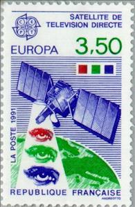 Stamp, Satellite TV direct, France,  , Postal Services, Postal Unions, European Union, Space Traveling, C.E.P.T., Telecommunication, Europe, Television, Globes, Satellites