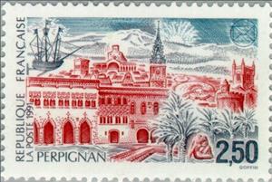 Stamp, Perpignan: Congress of the French Federation of Philatelic S, France,  , Ships, Trees, Palm-trees, Philately, Buildings, Conferences, Plants (Flora), Sailing Ships, Churches - Cathedrals - Basilicas - Chapels