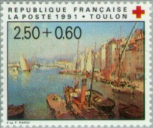 Stamp, Harbour of Toulon, France,  , Ships, Steamers, Ports, Red Cross and Red Crescent, Healthcare, Paintings, Buildings