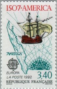 Stamp, C.E.P.T.- 500th Anniversary of the Discovery of America, France,  , Ships, Cartography, Postal Services, Postal Unions, Maps, European Union, C.E.P.T., Europe, Sailing Ships