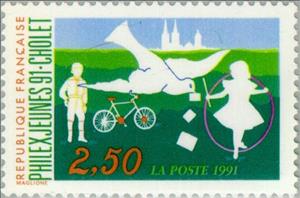 Stamp, Stampexhibition 'PHILEX-JEUNES '91': Cholet, France,  , Vehicles, Philatelic Exhibitions, Expositions, Toys, Philately, Carrier-pigeons, Cycles, Pigeons, Buildings, Animals (Fauna), Letters (Mail), Churches - Cathedrals - Basilicas - Chapels