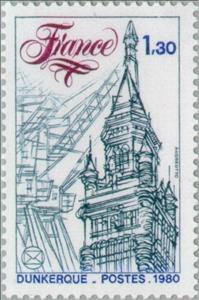 Stamp, Dunkirk: Congress of the French Federation of Philatelic Soc, France,  , Special Occasions, Philately, City Halls, Buildings, Conferences, Cranes (Machines)