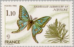 Stamp, Spanish Moon Moth (Graellsia isabellae), France,  , Insects, Butterflies, Environment Protection, Animals (Fauna)
