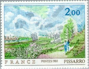 Stamp, Camille Pissarro (1830-1903) "The path of the cabbage", France,  , Landscapes, Trees, Paintings, Art, Plants (Flora)