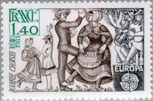 Stamp, C.E.P.T.- Bourrée cross, France,  , Postal Services, Postal Unions, European Union, Music, Musical Instruments, C.E.P.T., Europe, Folklore, Dance, Suits and Costumes