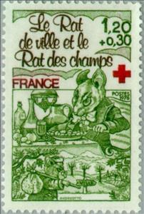 Stamp, Fables of Jean de La Fontaine: The Rat City Rat and Field, France,  , Mammals, Red Cross and Red Crescent, Healthcare, Mice, Fables, Animals (Fauna)