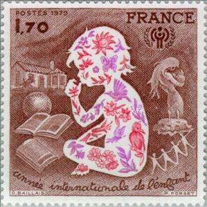 Stamp, International Year of the Child, France,  , Stylized Animals, U.N.O., UNESCO, Books, Buildings, Children, International Years