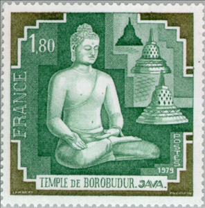 Stamp, Temple of Borobudur - Java, France,  , Sculptures, Tourism, Gods and goddesses, Statues, Temples