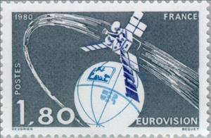 Stamp, Eurovision, France,  , Space Traveling, Telecommunication, Globes, Satellites, Anniversaries and Jubilees