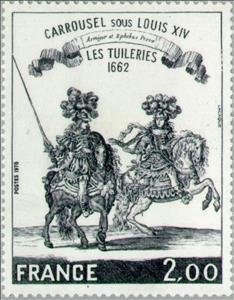 Stamp, Carousel under Louis XIV. Amiger and Ephebus persæ. The Tuil, France,  , Heads of State, Weapons, Horses, Drawings, Kings, Art, Animals (Fauna)