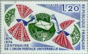 Stamp, Centenary of Universal Postal Union 1874-1974, France,  , UPU, Carrier-pigeons, Globes, Letters (Mail)