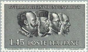 Stamp, Portraits of V. Emanuele II, Garibaldi, Cavour and Mazzini, Italy,  , Famous People, Commemoration, Anniversaries and Jubilees