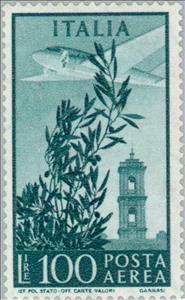 Stamp, Olive tree, airplane and tower of Campidoglio, Italy,  , Trees, Towers, Plants (Flora), Aircrafts, Olives