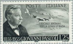 Stamp, Portrait of Giovanni Pascoli and birds in flight, Italy,  , Famous People, Birds, Commemoration, Animals (Fauna), Literary People (Poets and Writers)