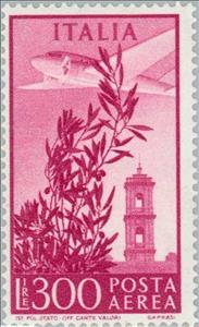 Stamp, Olive tree, airplane and tower of the Campidoglio, Italy,  , Vehicles, Towers, Aircrafts