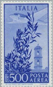 Stamp, Olive tree, airplane and tower of the Campidoglio, Italy,  , Vehicles, Towers, Aircrafts