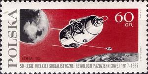 Stamp, Luna 10, eart and moon, Poland,  