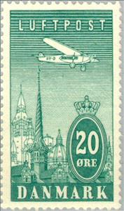 Stamp, Aircraft Fokker VII a over Copenhagen, Denmark,  , Townscapes / City Views, Aircrafts, Churches - Cathedrals - Basilicas - Chapels