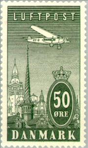 Stamp, Aircraft Fokker VII a over Copenhagen, Denmark,  , Townscapes / City Views, Aircrafts, Churches - Cathedrals - Basilicas - Chapels